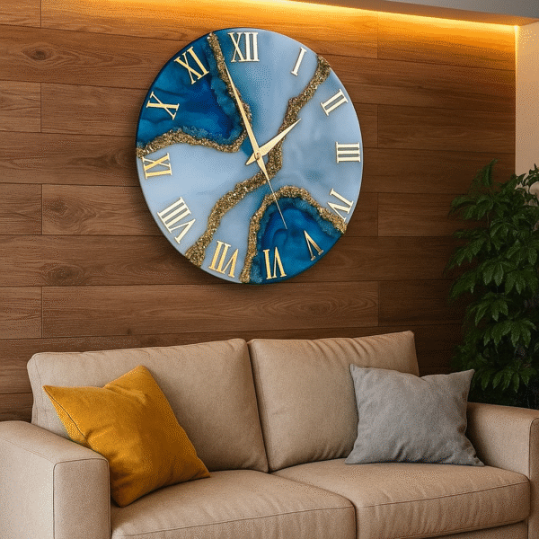 ساعت دیواری لوکس آبی و طلاییW233