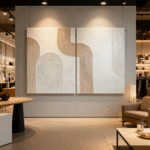 نمای نزدیک بافت سه‌بعدی و خطوط منحنی تابلو مدرن بژ و کرم، جهت نمایش کیفیت و ظرافت دست‌ساز.