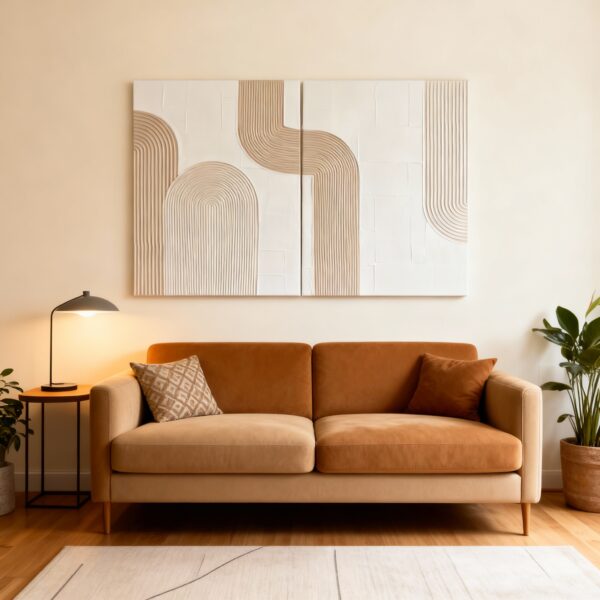 تابلو دکوراتیو بافت‌دار مینیمال دوتکه، بژ و کرم، نصب شده بالای کاناپه مخمل قهوه‌ای در دکوراسیون مدرن و شیک.